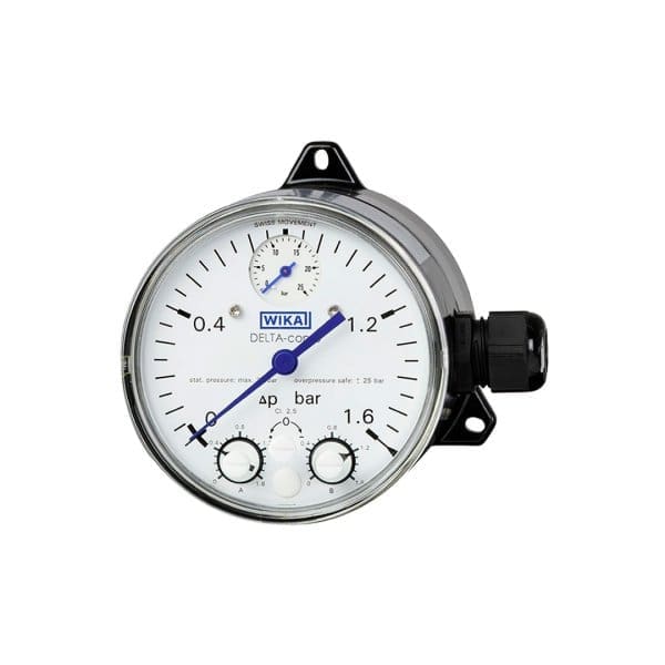 The WIKA DPGS40 differential pressure gauge with micro switches is used for monitoring differential pressures, the instrument allows switching and display.