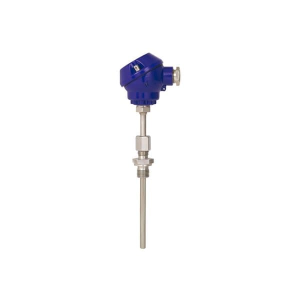 Resistive temperature sensor (RTD) in compact design with connection head and threaded process connection in thermowell protective housing.