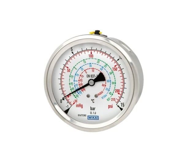 112.28 manometer WIKA z bourdonovo cevjo za hladilno tehniko se uporablja pri merjenju tlaka plinskih in tekočih medijev.