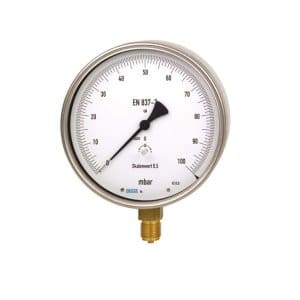 630.20 testni manometer WIKA za nizke tlake do 600 mbar je natančen merilnik, ki se uporablja za kalibracijo merilnikov tlaka.