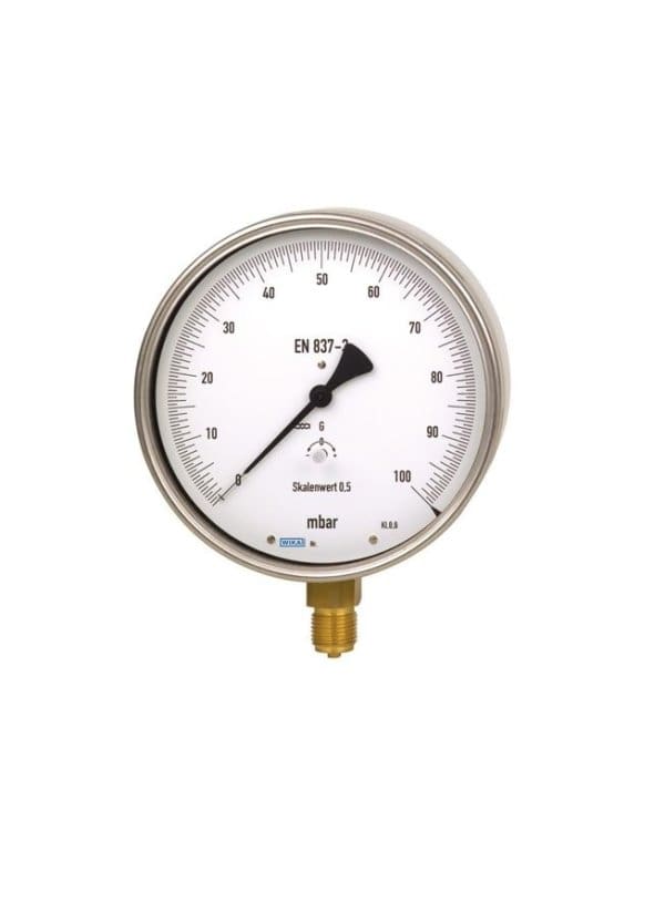 630.20 testni manometer WIKA za nizke tlake do 600 mbar je natančen merilnik, ki se uporablja za kalibracijo merilnikov tlaka.