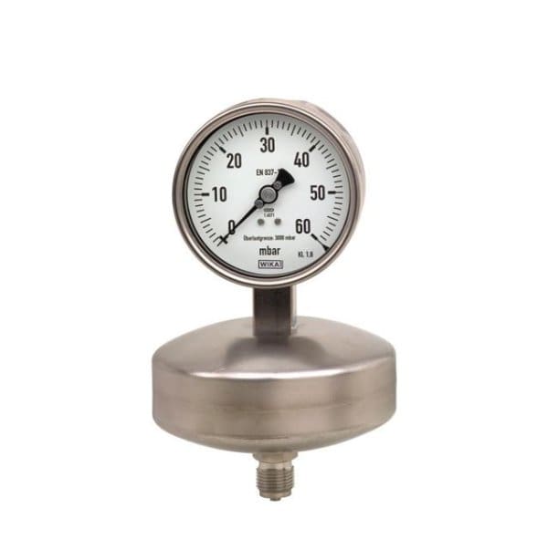 632.51 manometer s kapsulo WIKA s tlačnim elementom iz nerjavečega jekla se uporablja pri merjenju razlike v tlaku plinskih in tekočih medijev.