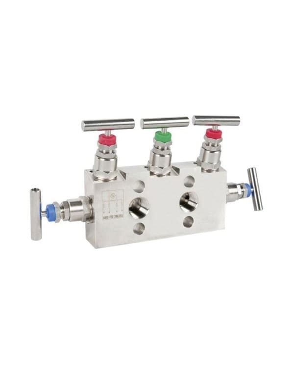 IV51 manifold with three valves for pressure compensation, separation, removal and venting of differential pressure gauges.