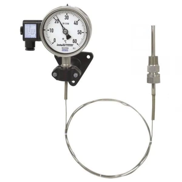 TGT73 plinski termometer z električnim izhodnim signalom lahko uporabimo kadar je treba na mestu hkrati navesti procesni tlak in prenos signala na centralno krmiljenje ali oddaljeni center.