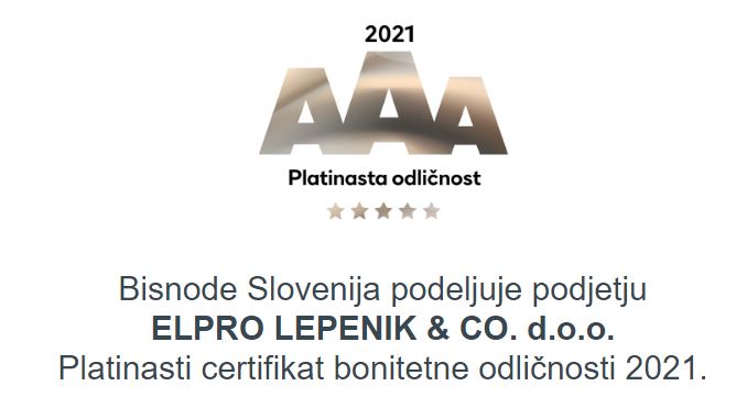 platinum excellence, platinum excellent, excellence rating, AAA rating, AAA, rating of excellent, ELPRO lepenik excellence, ELPRO lepenik excellent, ELPRO lepenik platinum, ELPRO lepenik platinum excellent, bisnode rating, the most successful companies in slovenia, the most successful slovenian companies, the successful and reliable operation of slovenian companies,  