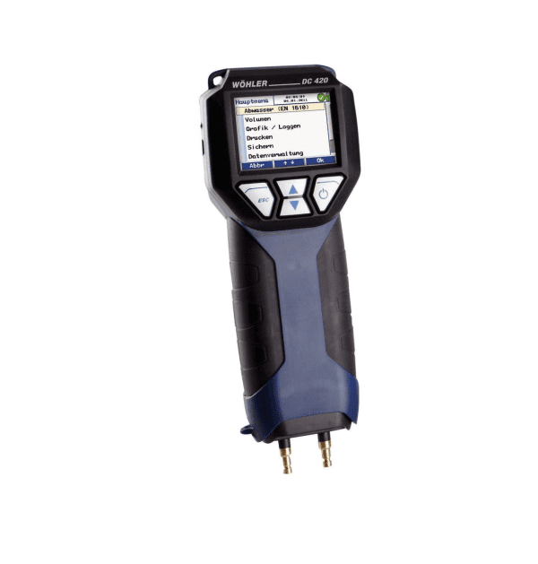 DC 420 manometer Wöhler za odpadne vode je idealen za izvajanje preskusov tesnjenja na ceveh za odpadne vode v skladu z DIN EN 1610 z zrakom.