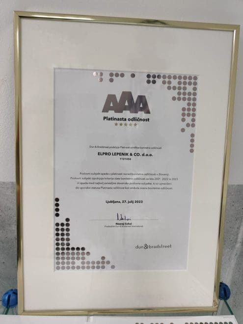 ELPRO LEPENIK & CO s ponosom sporočamo, da smo letos po analizi Dun & Bradstreet ponovno prejeli certifikat platinaste AAA bonitete odličnosti