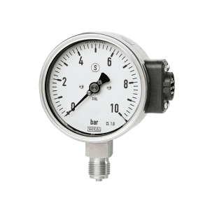 PGU2x.100 bourdonov manometer za indikacije na kraju samem in spletno daljinsko spremljanje procesnega tlaka. Ustreza standardu EN 837-1, Ex