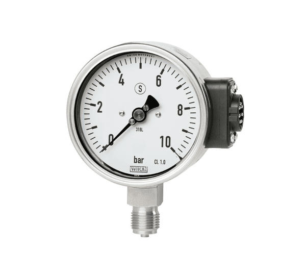PGU2x.100 bourdonov manometer za indikacije na kraju samem in spletno daljinsko spremljanje procesnega tlaka. Ustreza standardu EN 837-1, Ex